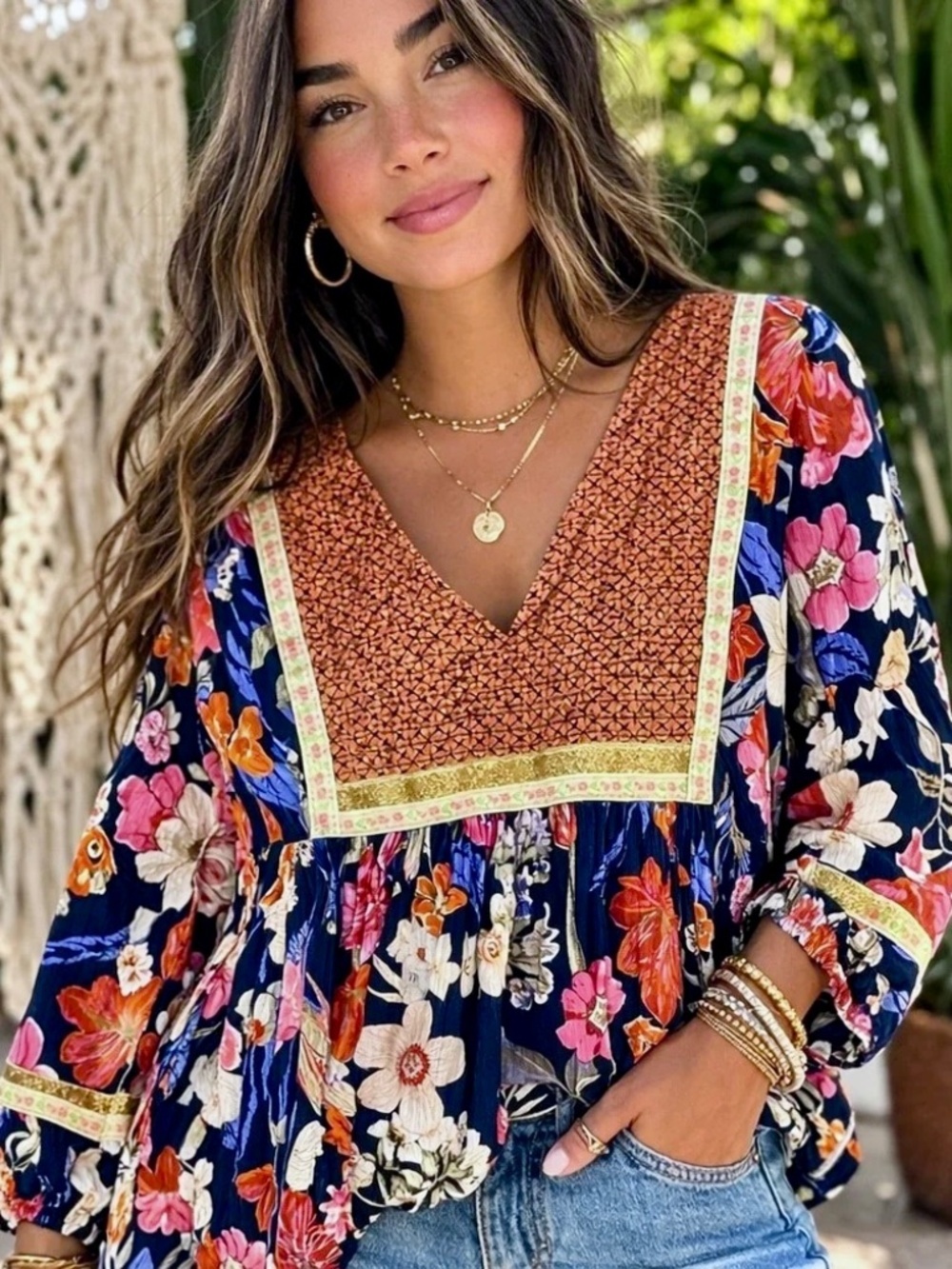 RD & Koko Anthropologie Trimmed Peasant 3/4 Sleeve Boho Top Sz M